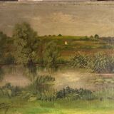 Antique painting, landscape with pond, signed and dated 1895