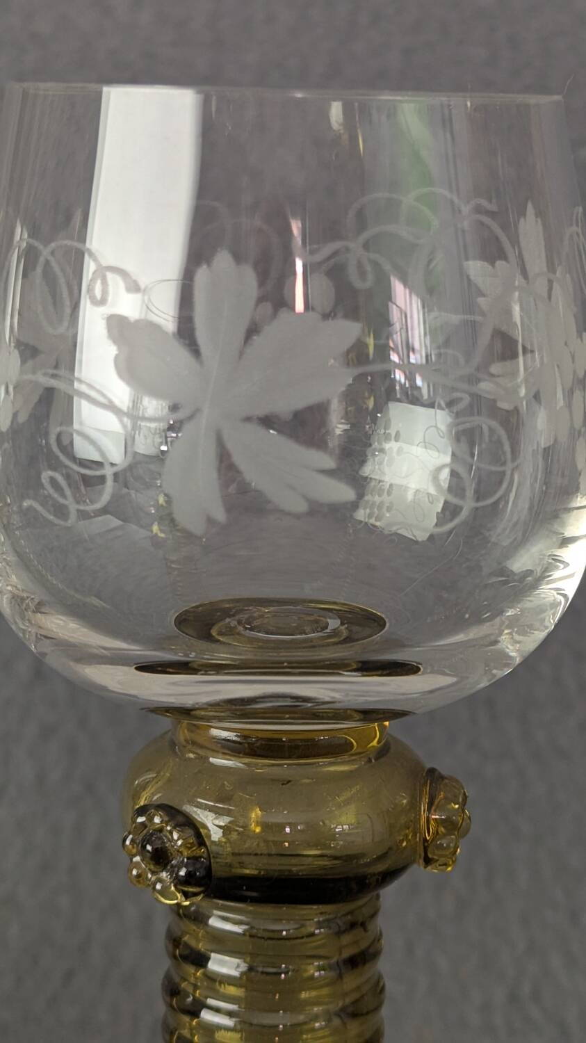 Wine glasses Roemer, Alsace, Rhine, engraved crystal and smoked glass x 5