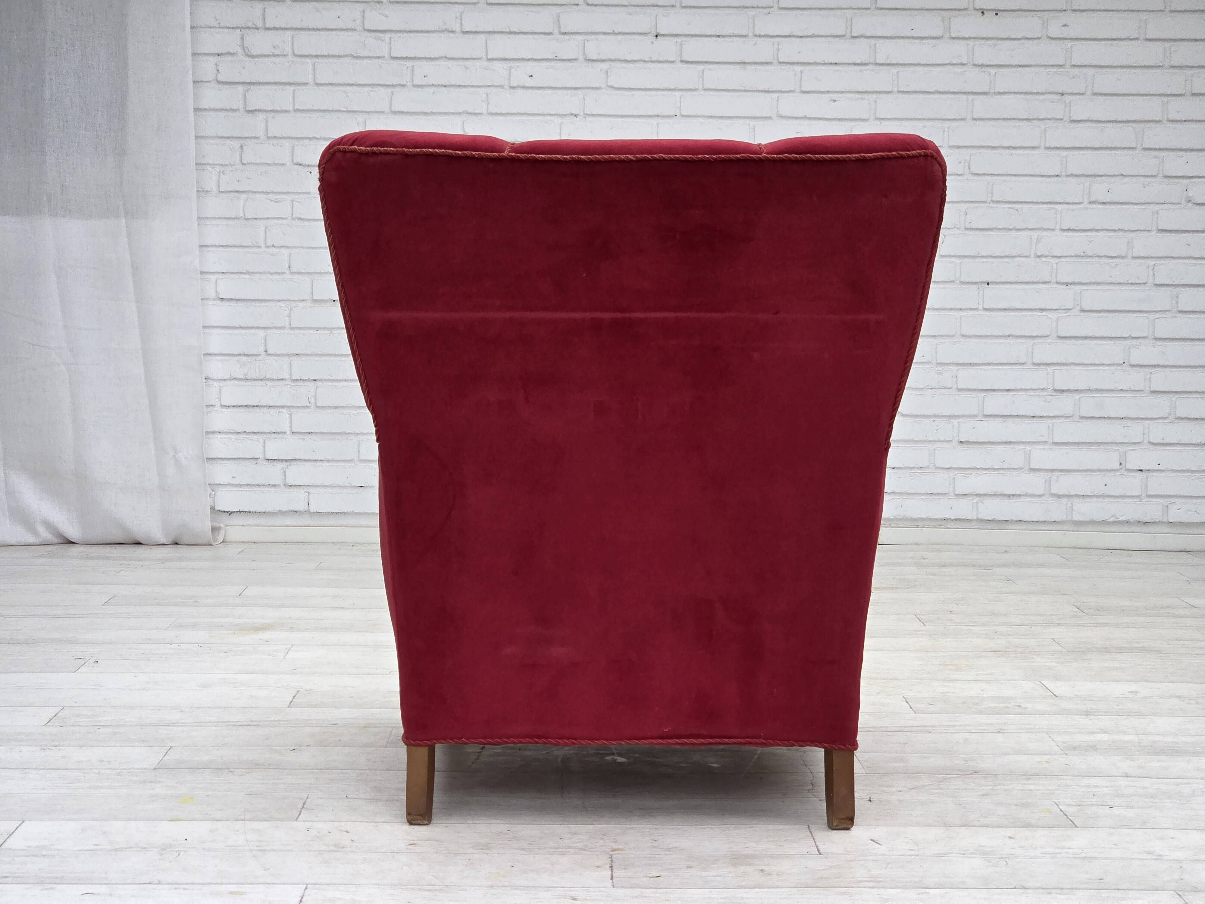 1960s, Danish armchair, red furniture velour, oak wood.