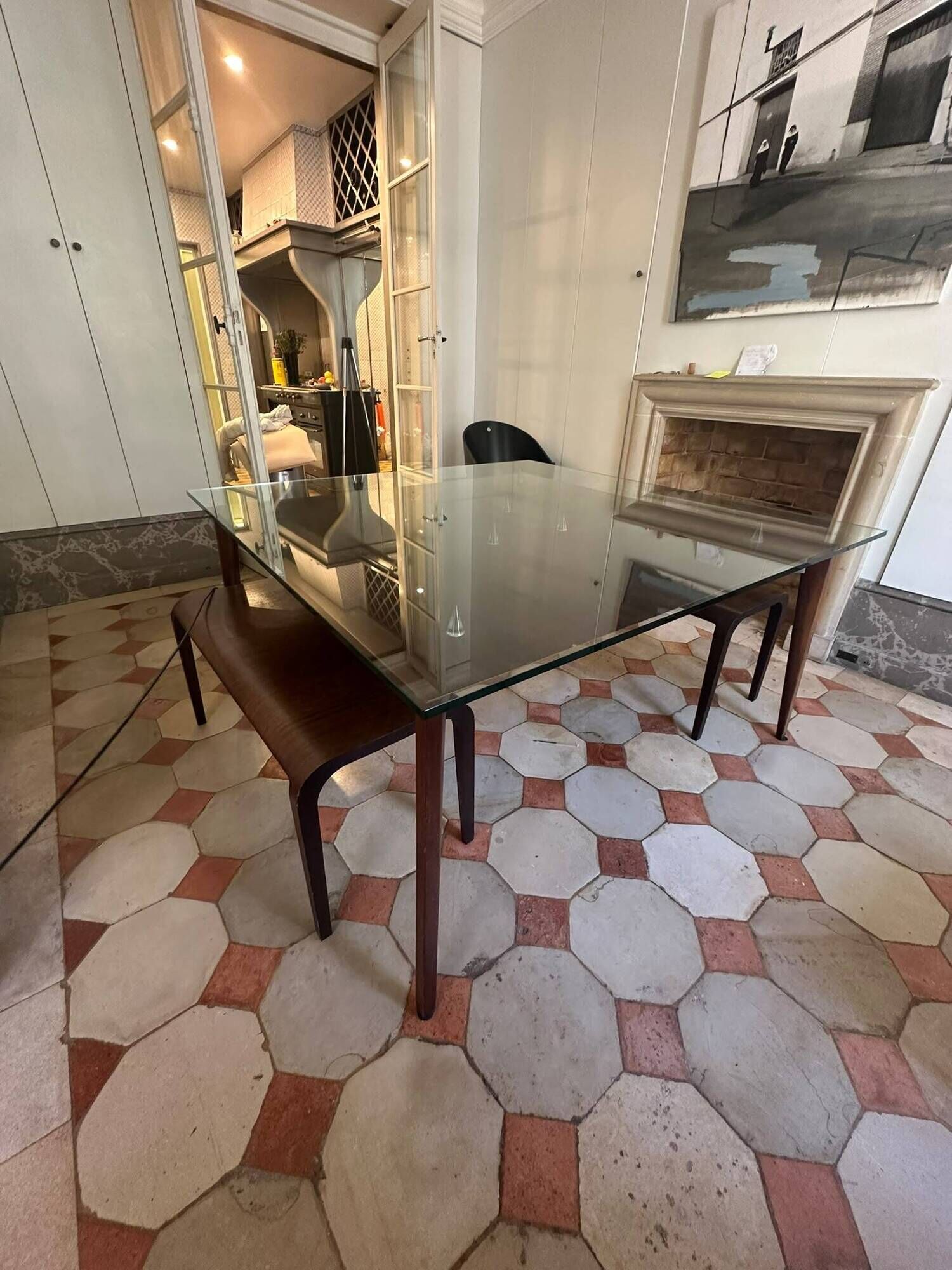 Dining table glass and wood. Italian vintage from the 80s.
