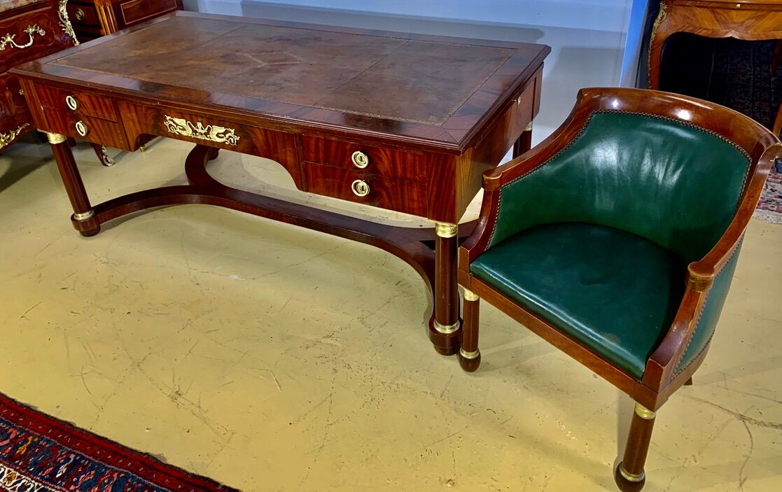 Empire flat desk, mahogany, double-sided, gilded bronzes