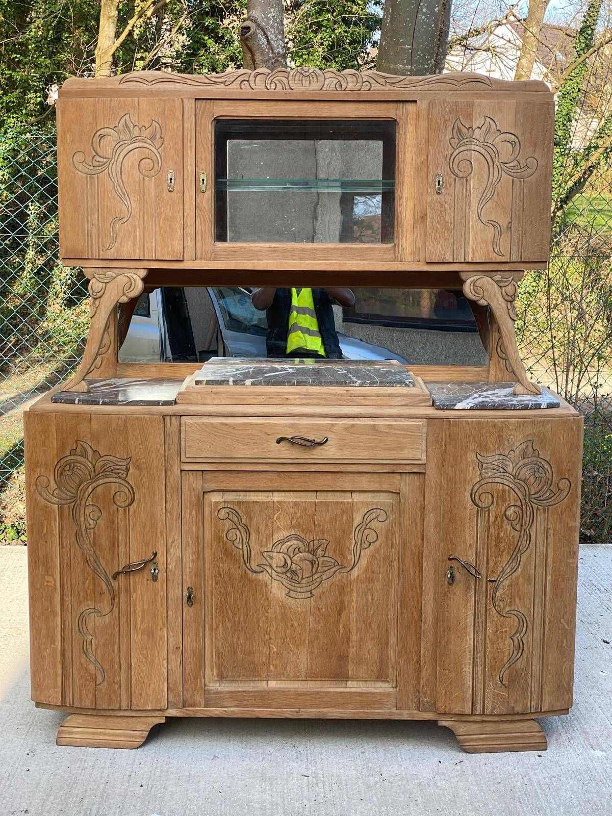 Parisian art deco 2-part buffet renovated in solid oak and marble 1940