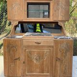 Parisian art deco 2-part buffet renovated in solid oak and marble 1940