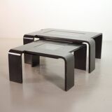 Rectangle Black Lacquered Plywood Coffee Table with Smoked Glass Panel 70s
