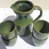 Green pitcher and 4 cups assorted terra cotta