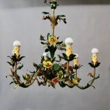 Chandelier with 6 arms of flower lights in painted sheet metal