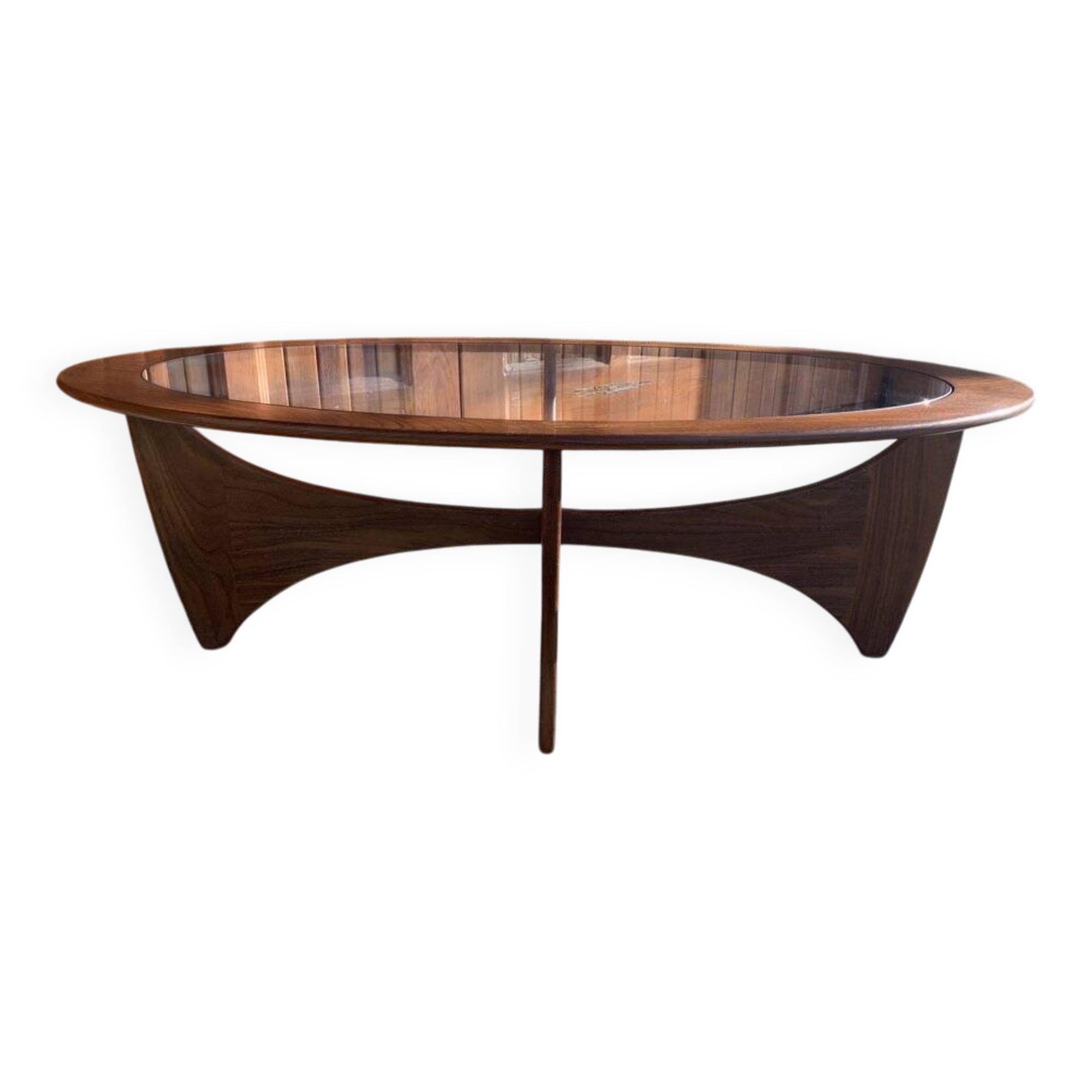 Astro oval coffee table in brown teak with glass top — Victor Wilkins, G-Plan (1960s)