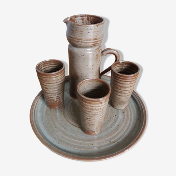Stoneware service pitcher glasses and tray