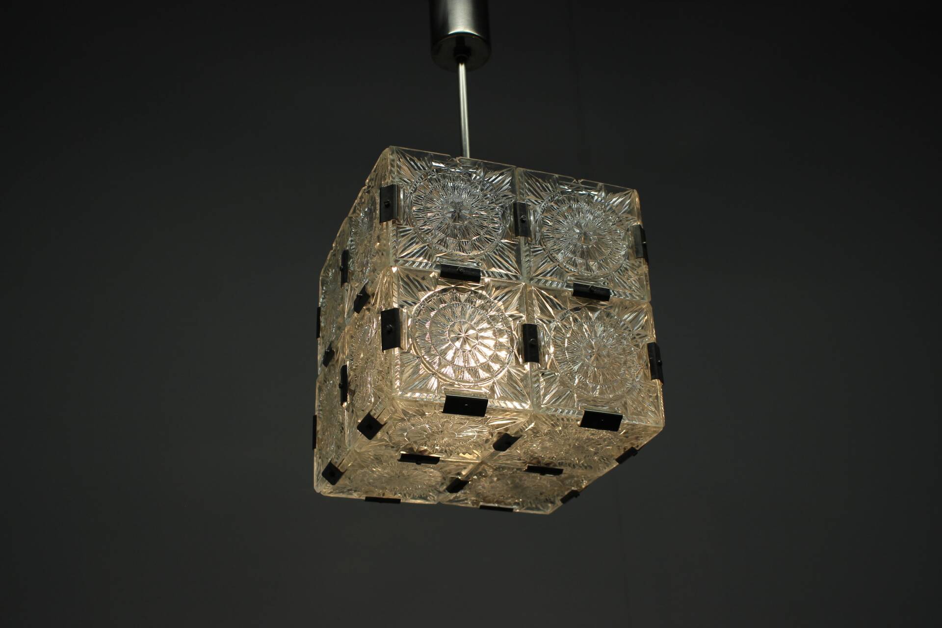 Mid-Century Square Clear Glass Pendant by K. Šenov, 1960s, Czechoslovakia