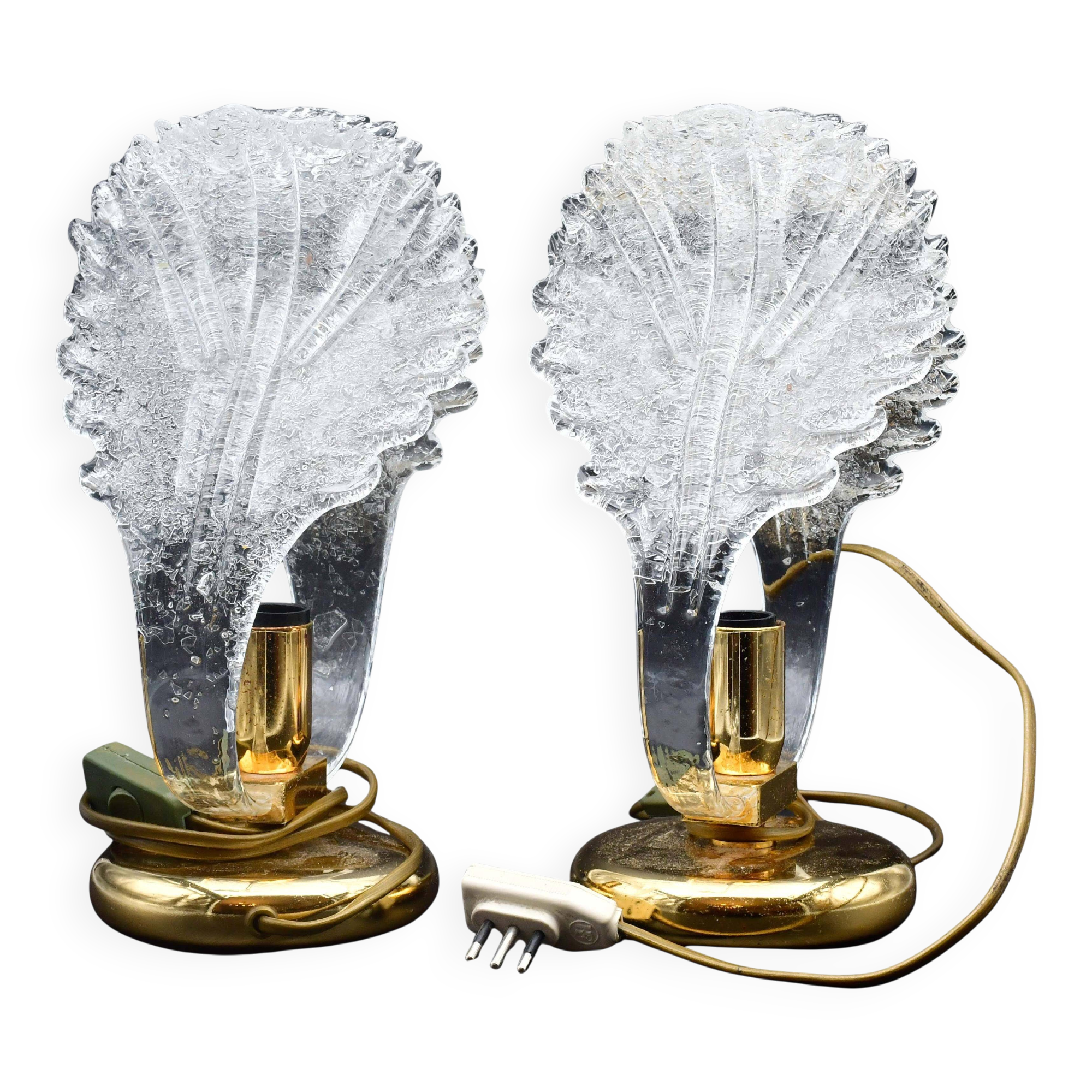 Set of 2 Murano glass "swan shape" table lamps with transparent leaves