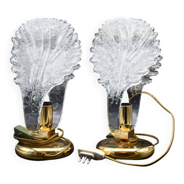 Set of 2 Murano glass "swan shape" table lamps with transparent leaves