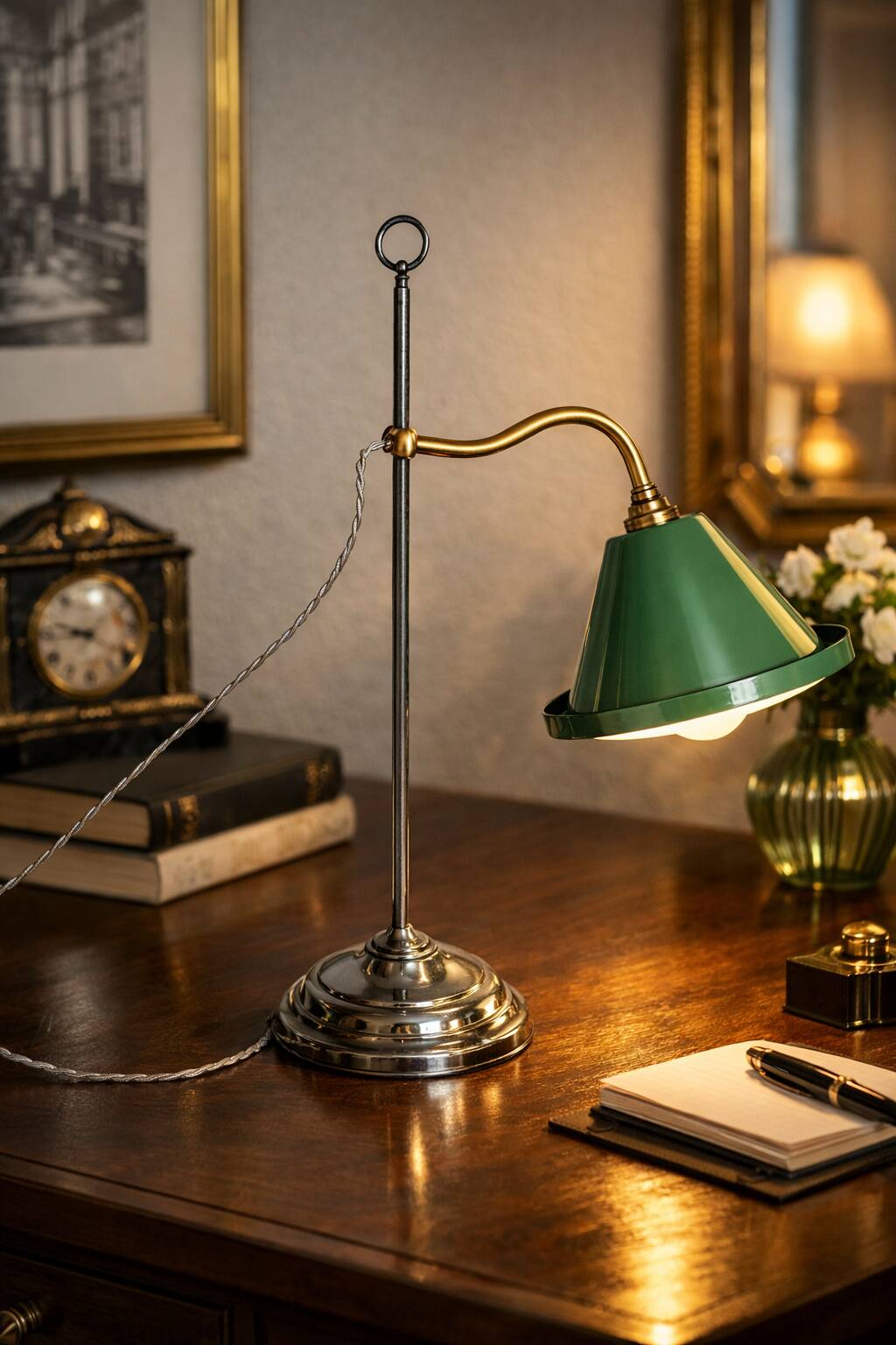 Vintage lamp 1920 Monix nickel-plated metal sage green sheet - 50 cm