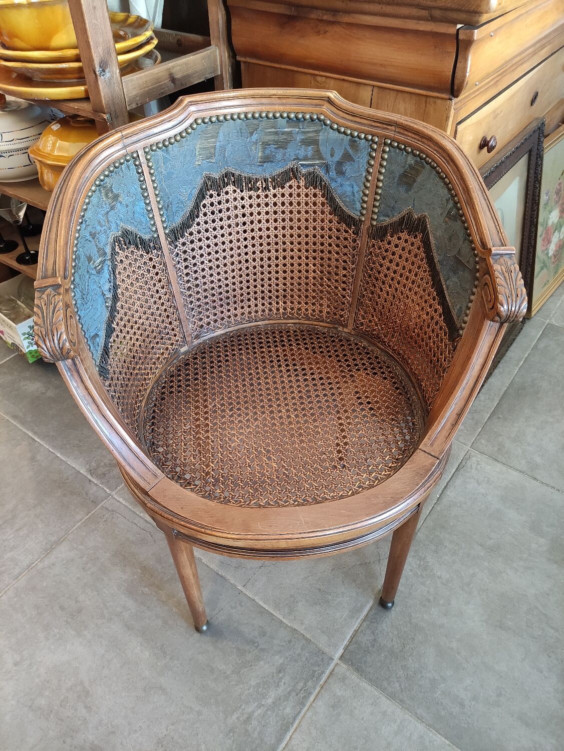 Louis XVI style office armchair in walnut and canning