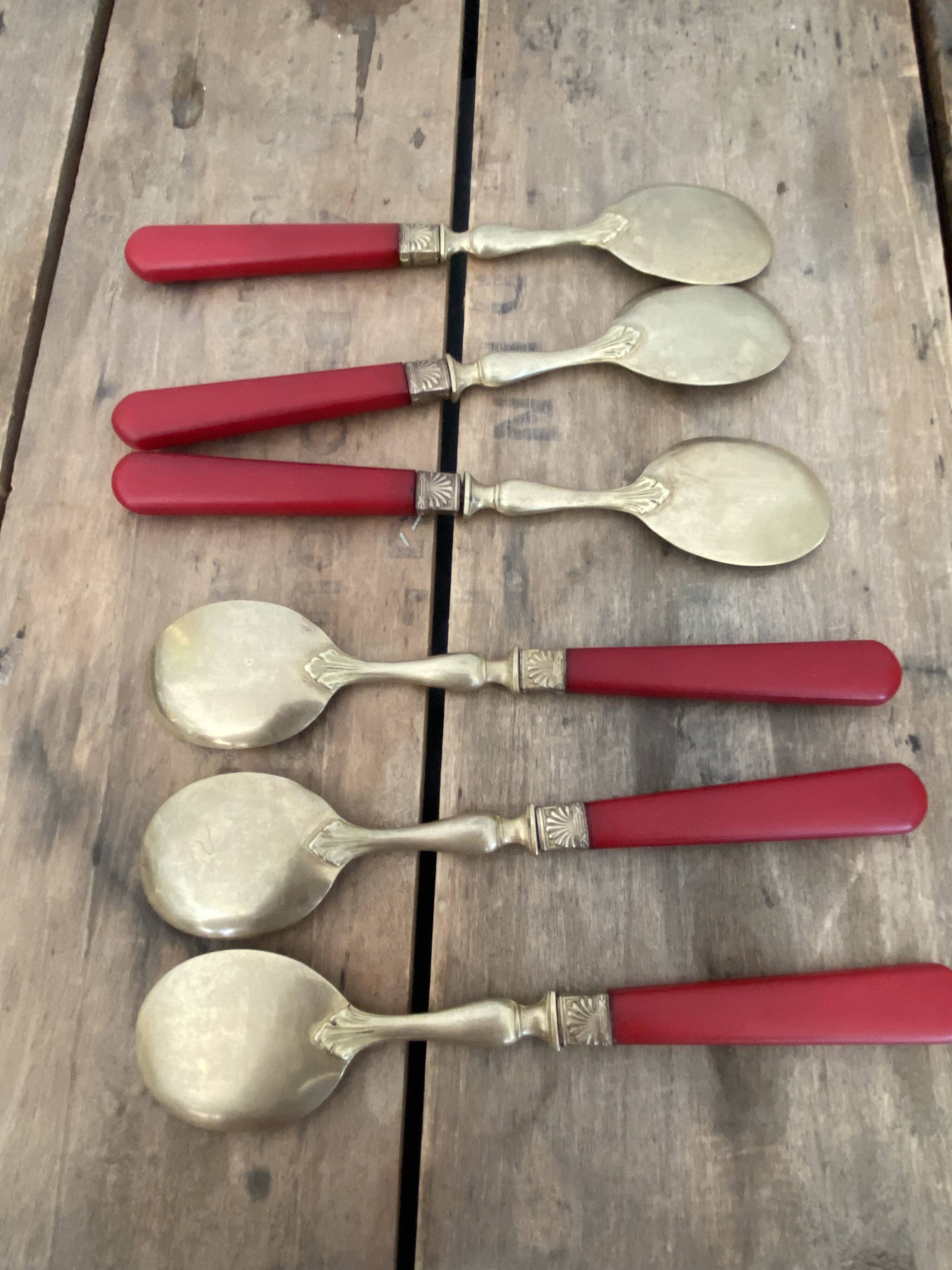 Six cuillères à glace en laiton et bakélite