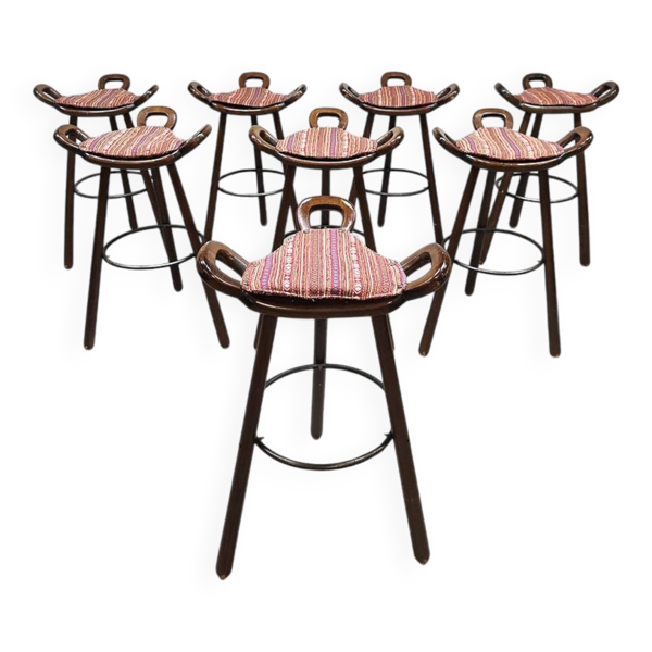 8 tabourets hauts en bois, Espagne 1960