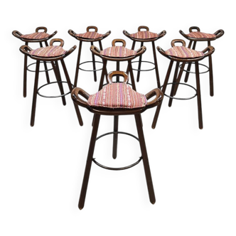 8 tabourets hauts en bois, Espagne 1960