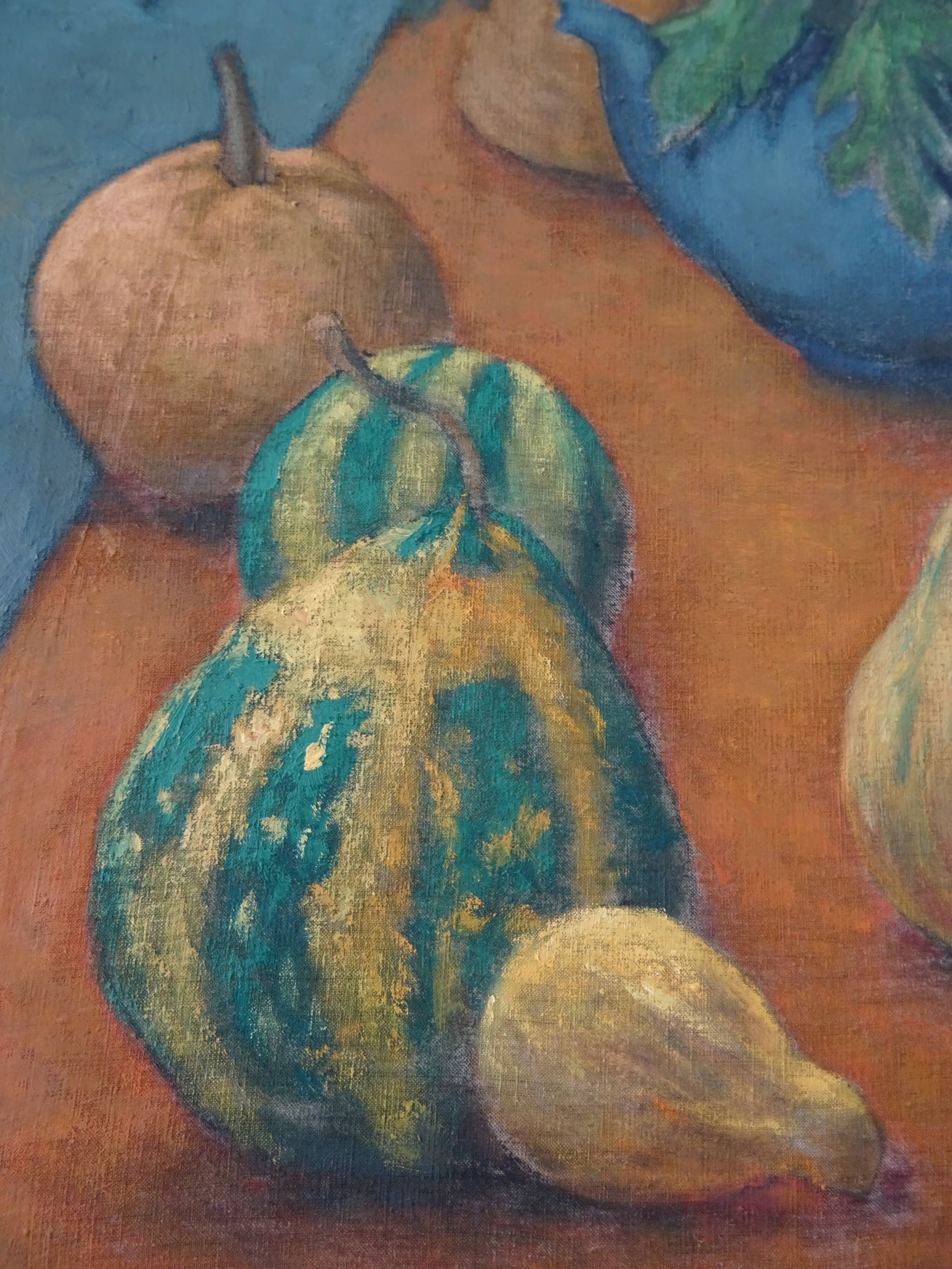 Tableau nature morte au bouquet de fleurs et légumes HST signé