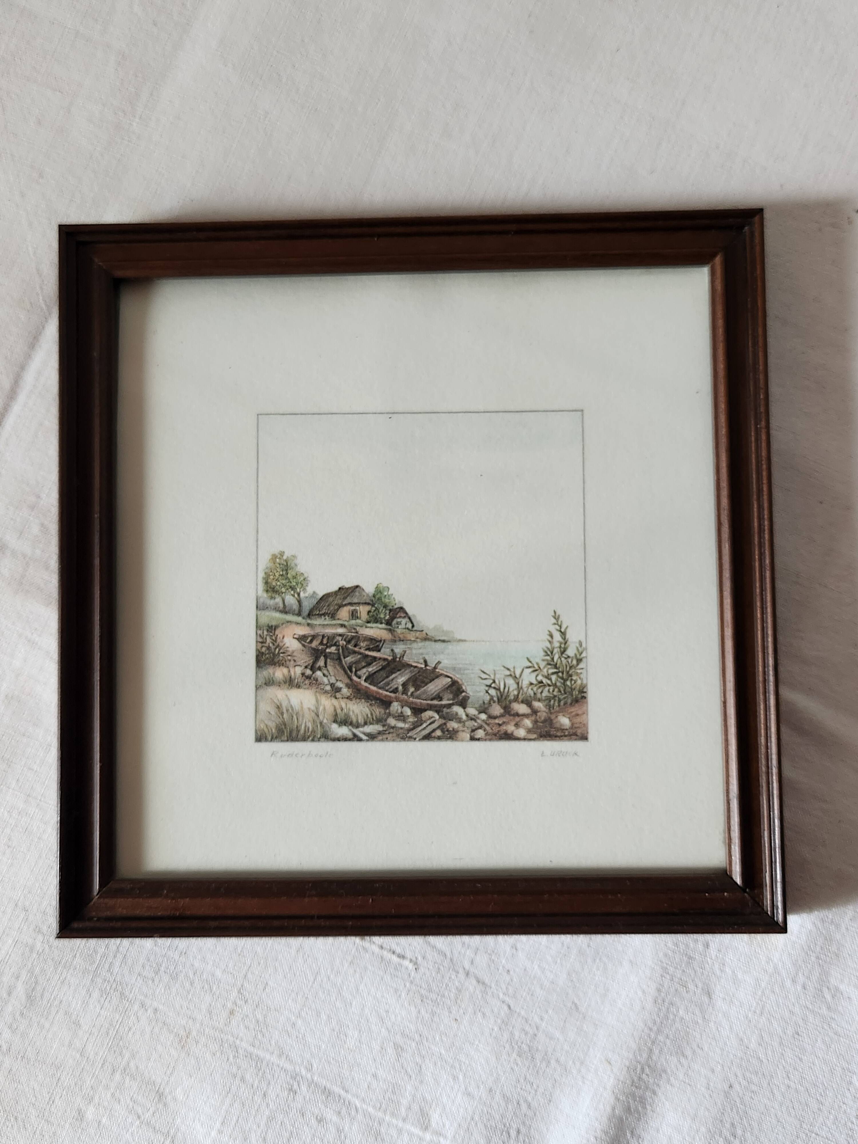 Vintage 3x Ludwig Urack Small German River Scene & Boats Art Prints