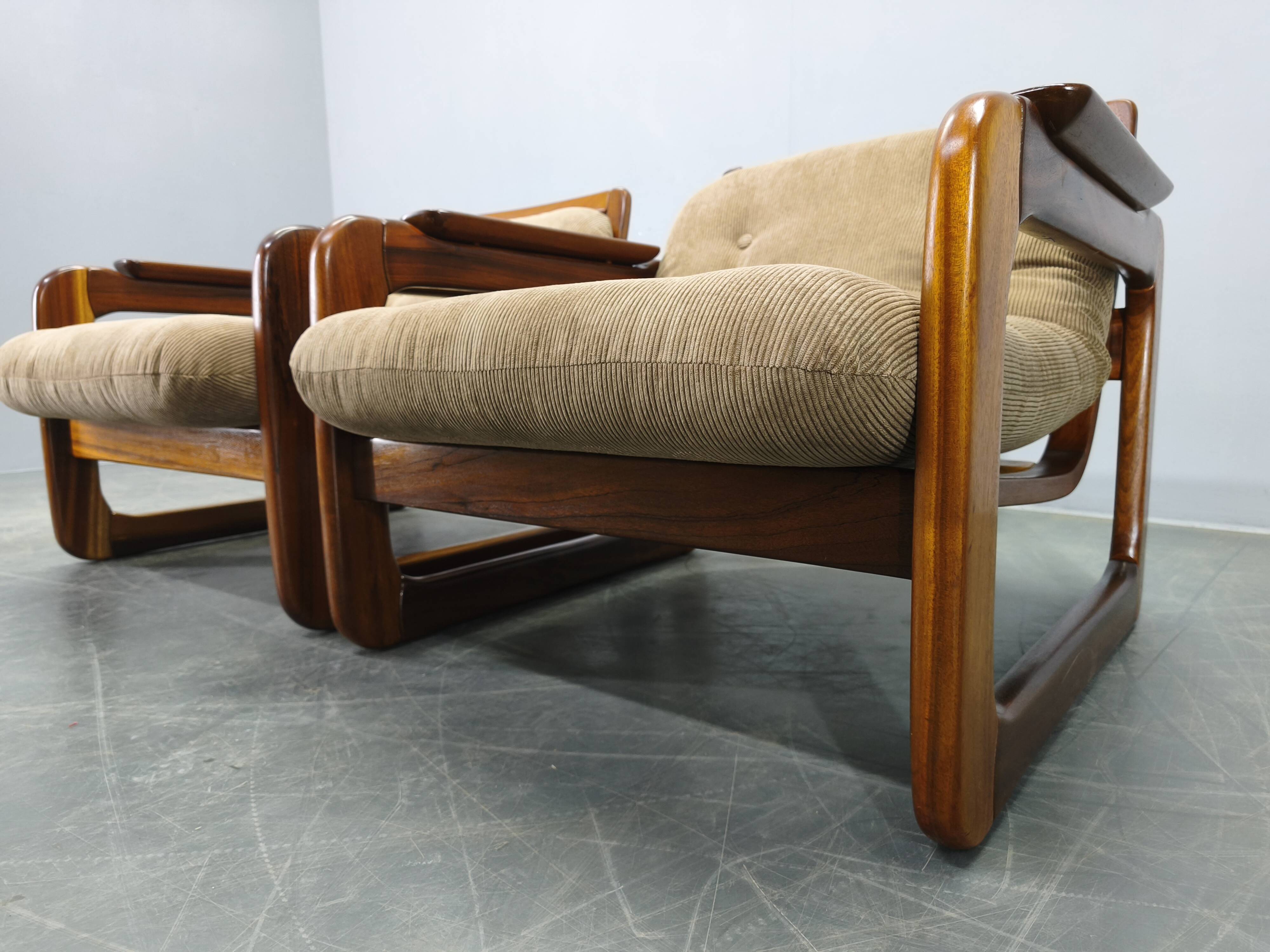 Pair of 1970s Scandinavian lounge chairs, upholstered in corduroy.