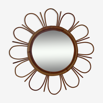 Miroir en rotin forme fleur années 60 50cm