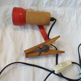 Vintage wooden and red metal clamp spotlight