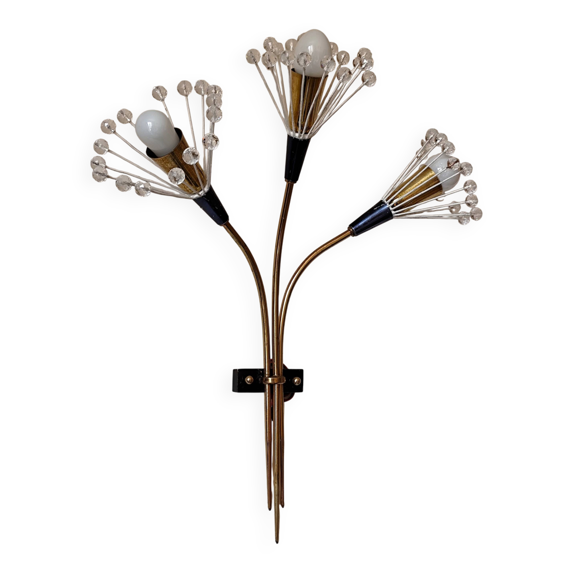 Wall lamp with 3 lights, brass and crystal balls, 1950s.