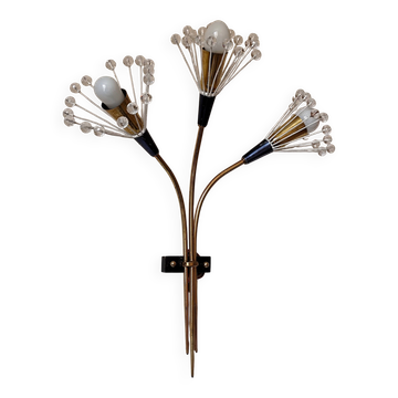Wall lamp with 3 lights, brass and crystal balls, 1950s.