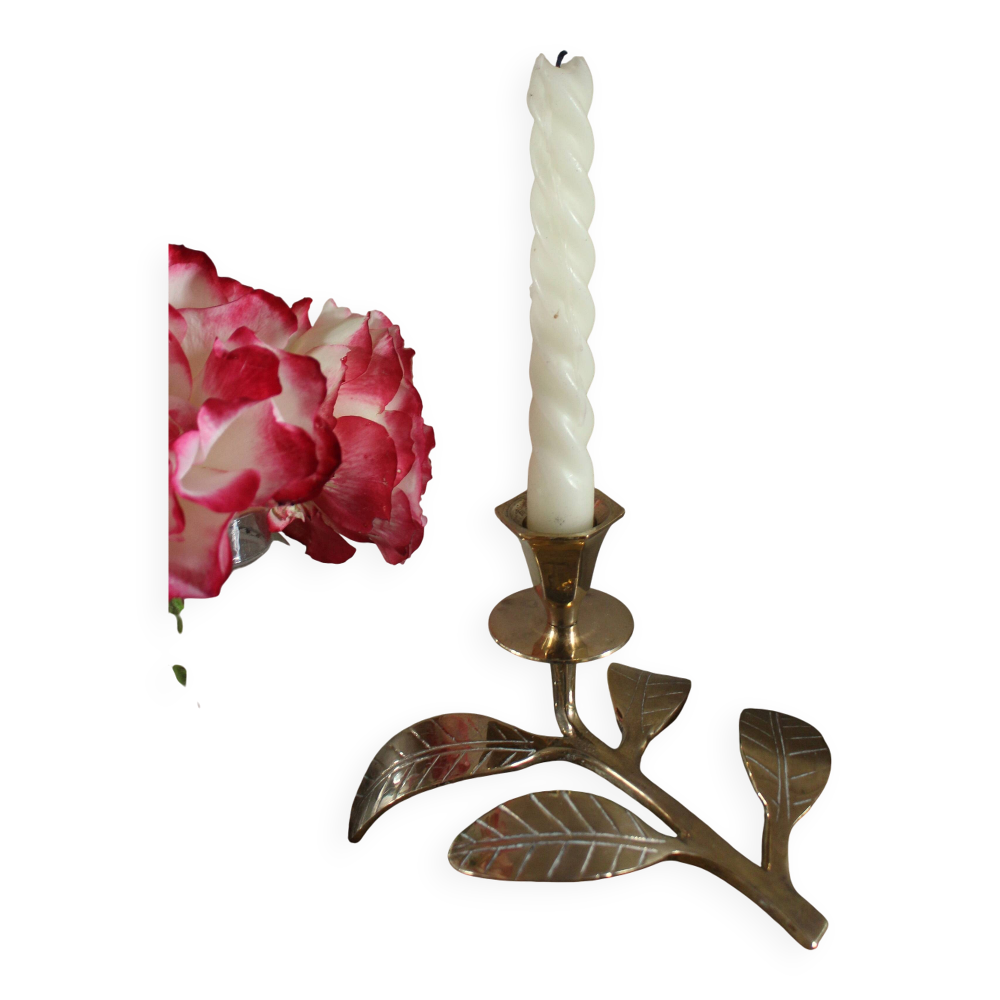 Brass candle holder with oval leaf branch