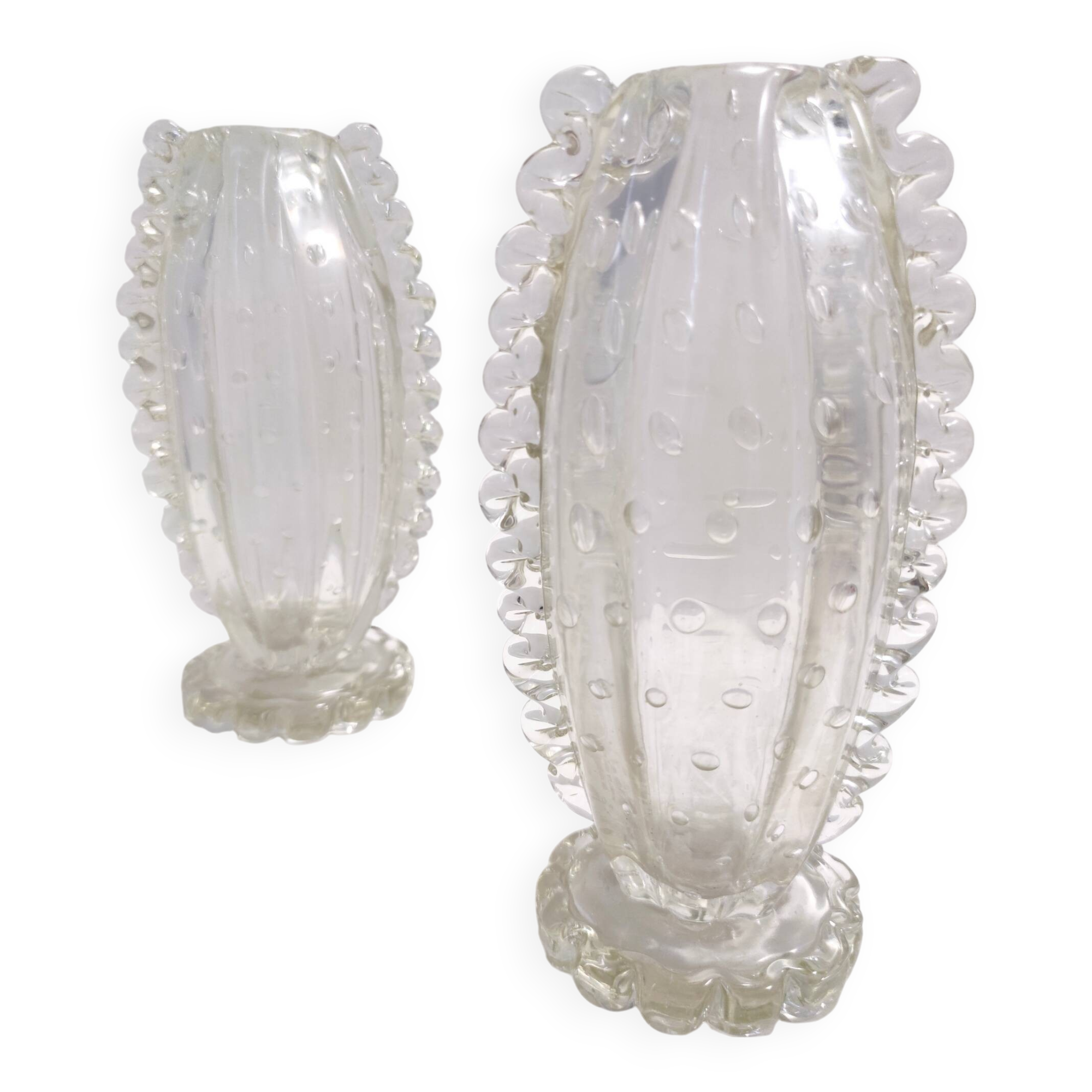 Vintage Pair of Transparent Bullicante Murano Glass Vases by Ercole Barovier