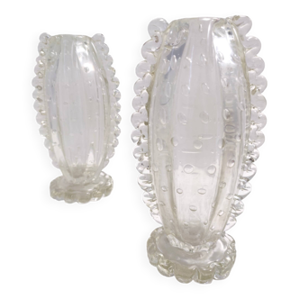 Vintage Pair of Transparent Bullicante Murano Glass Vases by Ercole Barovier