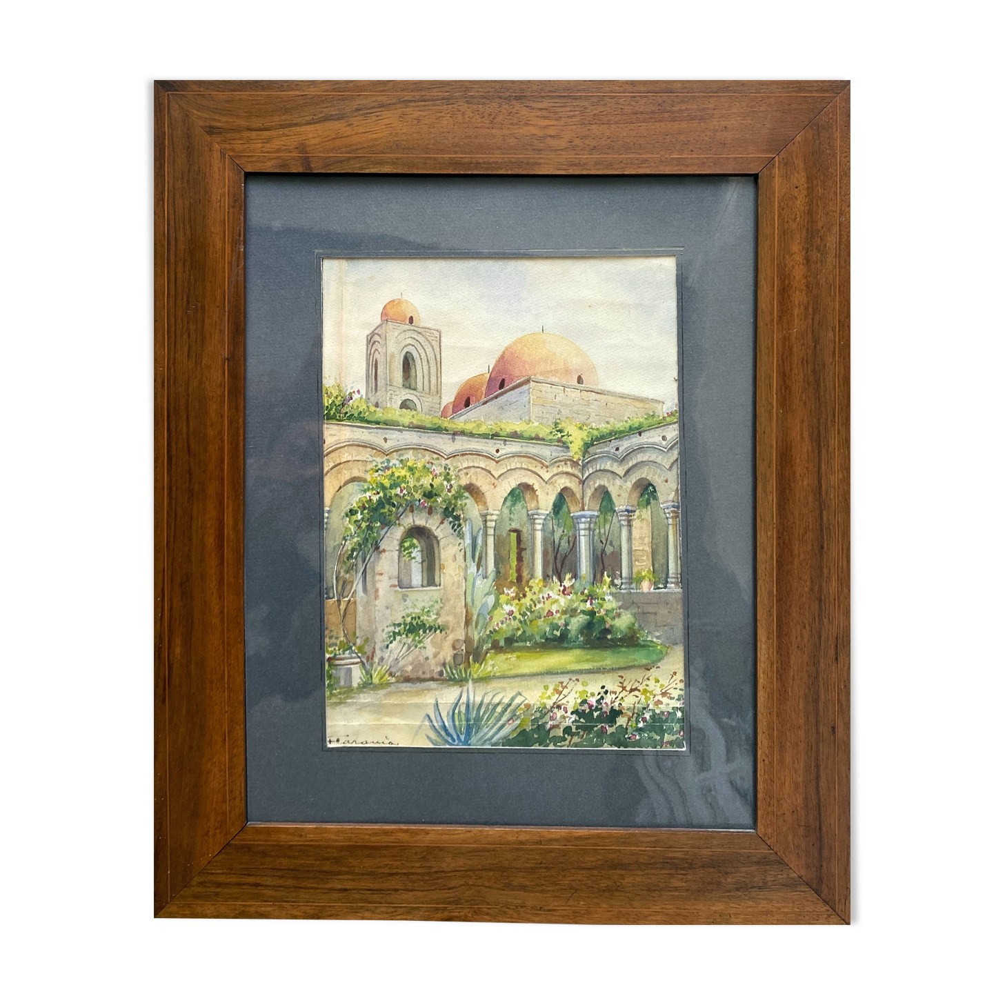 Orientalist watercolor painting "the Patio" signed + pitchpin frame
