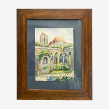 Orientalist watercolor painting "the Patio" signed + pitchpin frame