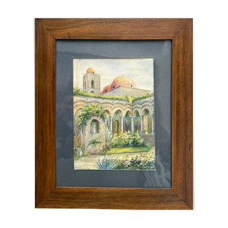 Orientalist watercolor painting "the Patio" signed + pitchpin frame