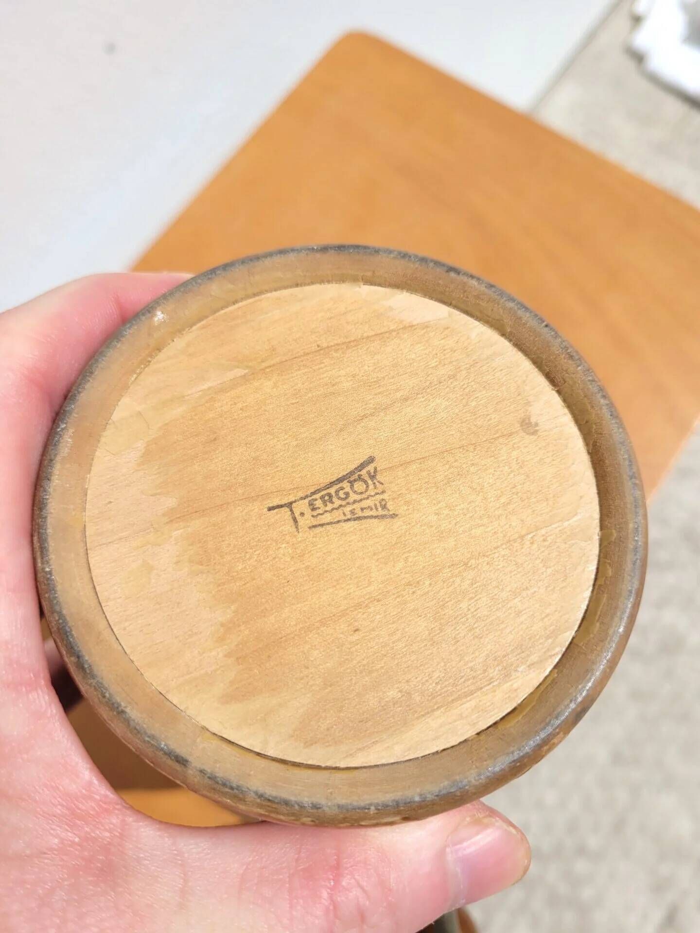 Vintage wooden turned thermos bottle signed T. Ergök