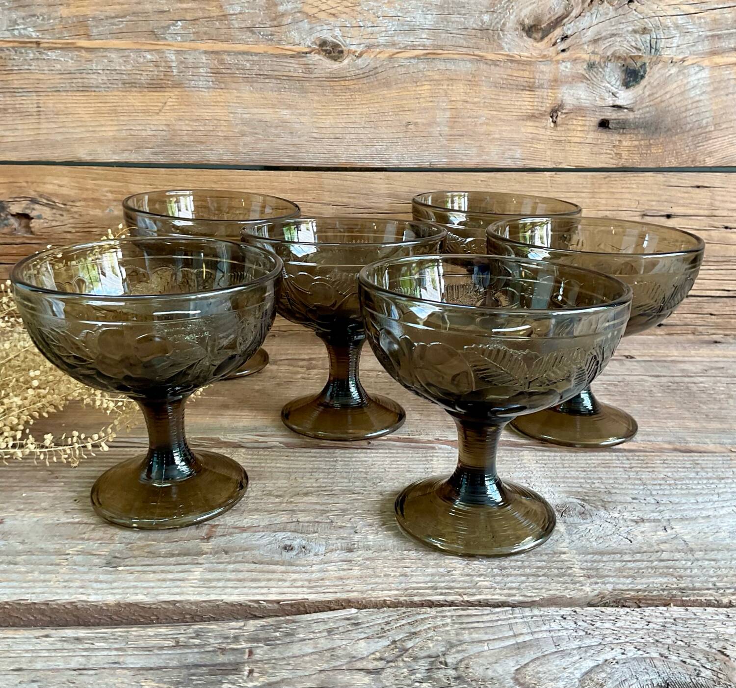 6 vintage Luminarc smoked glass fruit bowls