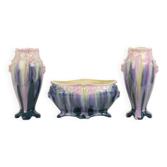 Set of 3 Art Nouveau Vases Majolica Earthenware Jardinière