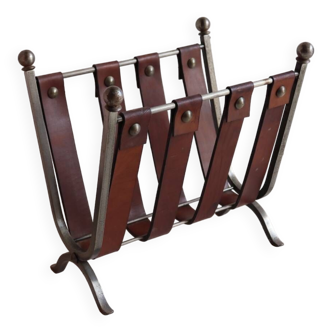Brutalist leather and forged metal magazine holder