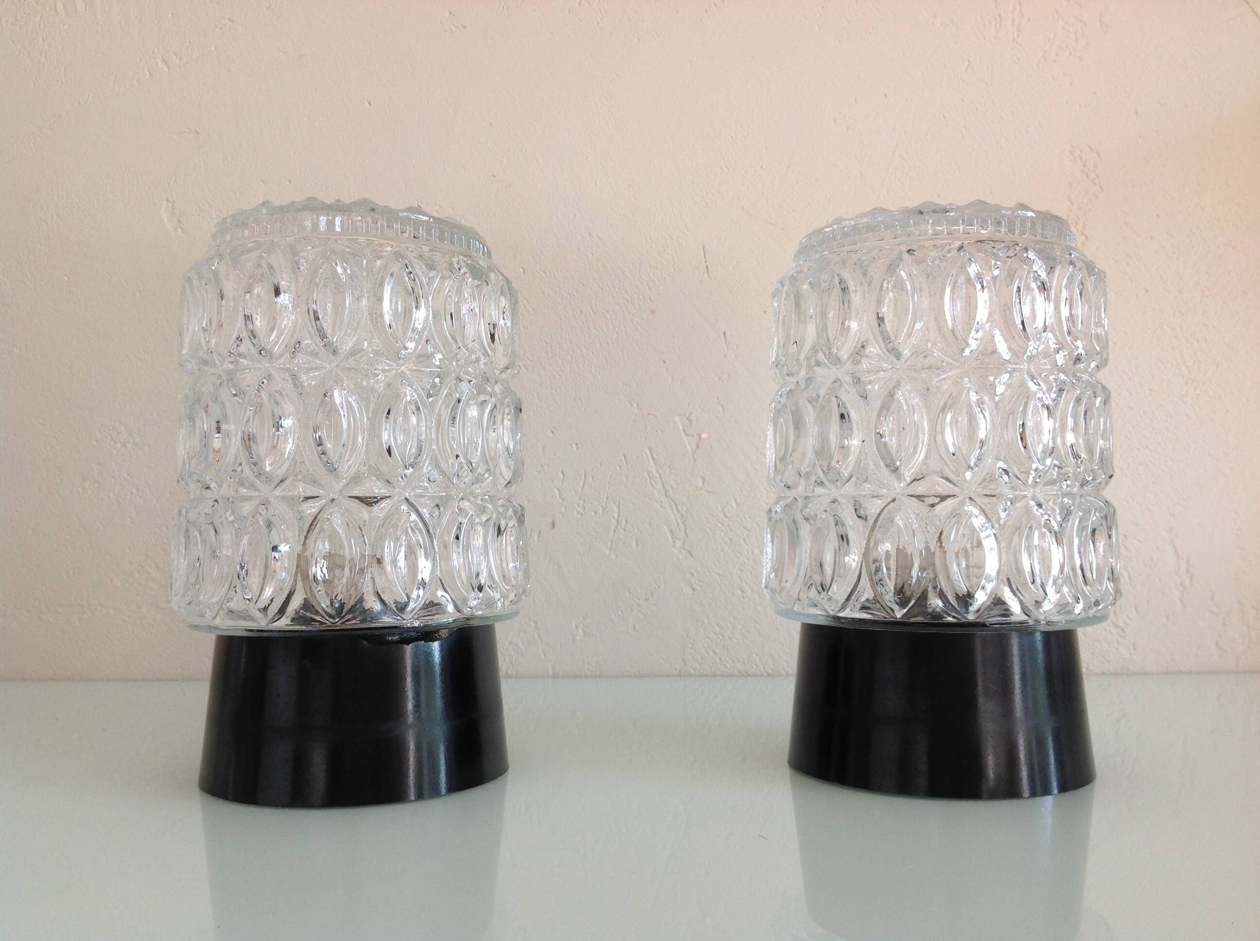 Pair of cylindrical structured glass ceiling lights / vintage 60s-70s