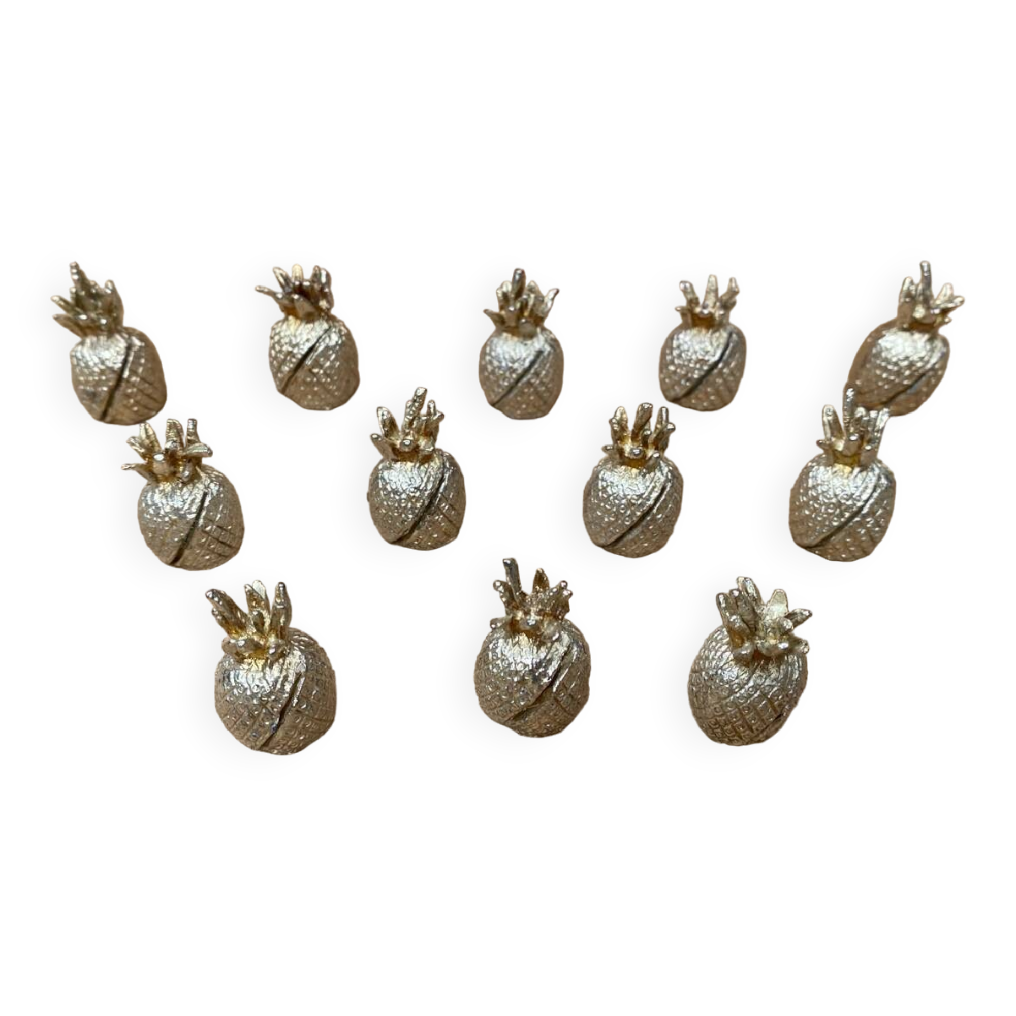 Set of 12 vintage gold metal pineapple shaped table place markers
