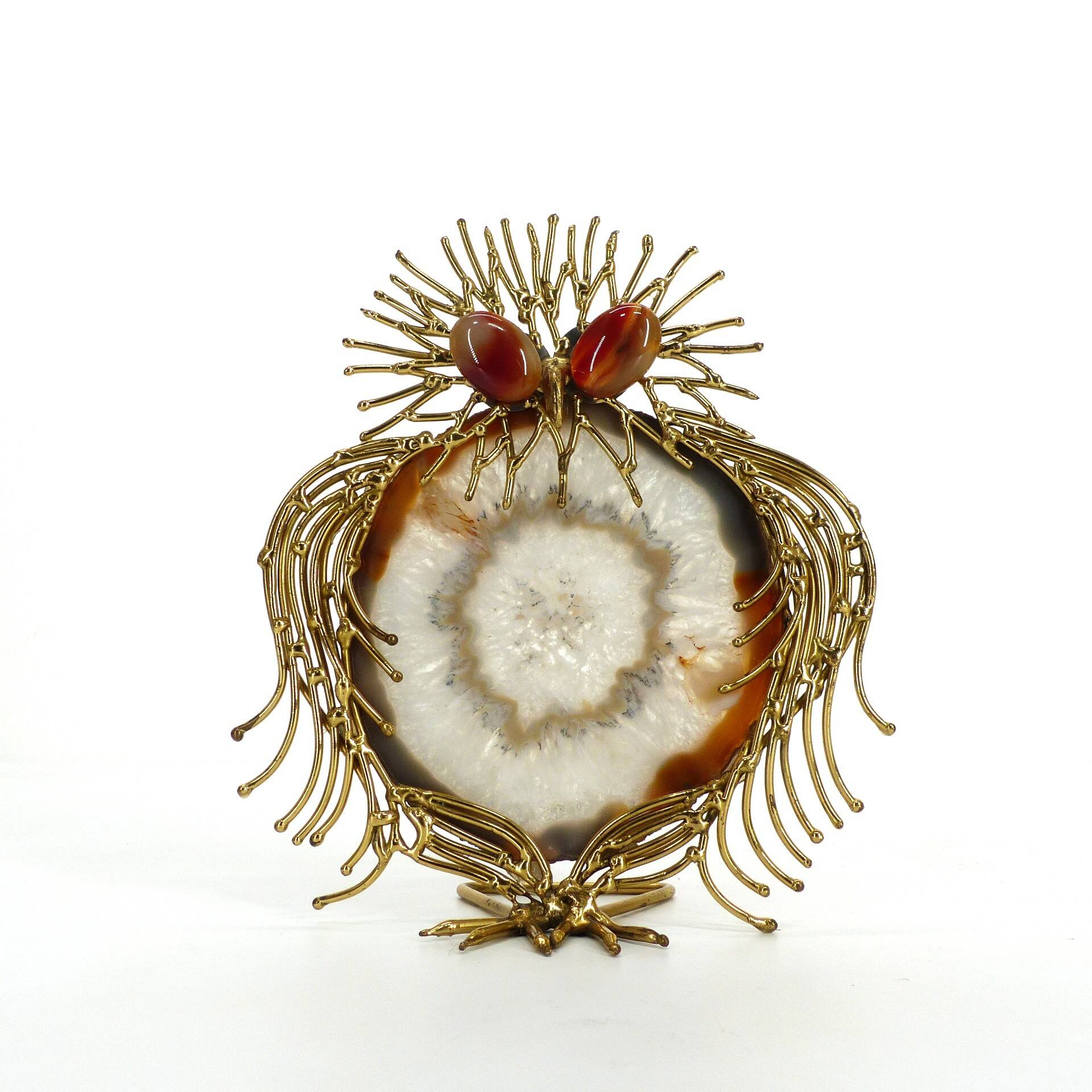 Brutalist owl sculpture in brass and agate 1970
