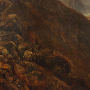 Old painting of a mountain landscape with a lake, oil on canvas 1890