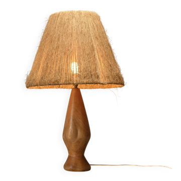 Lampe en bois tourné et fibre naturelle, France, circa 1960