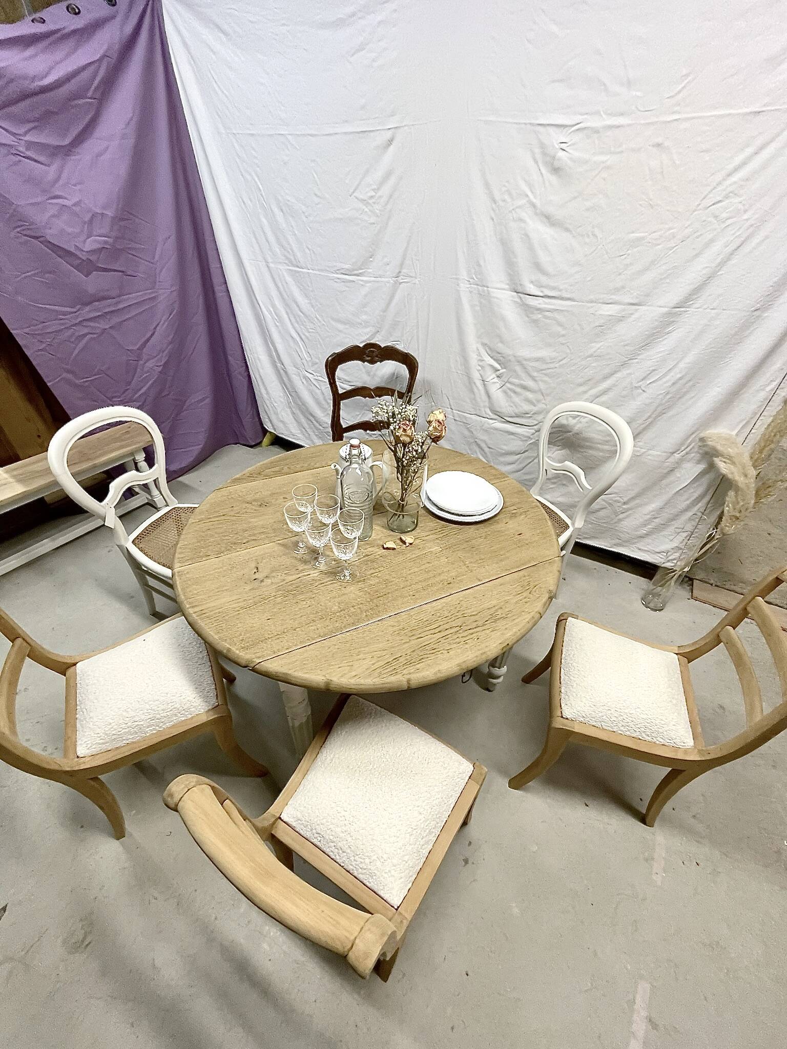 restored raw oak round table from yesteryear