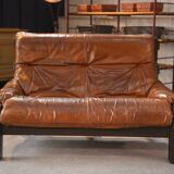 Brutalist sofa in oak and patinated leather, 1960s