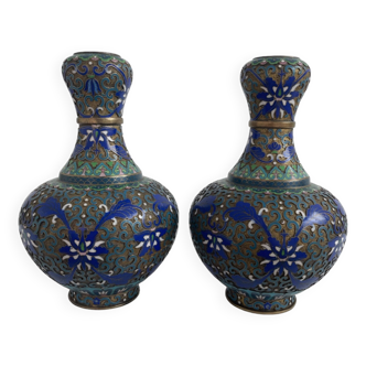 Vintage, pair of vases, Chinese, cloisonné metal, enameled, polychrome floral decor, golden hoop