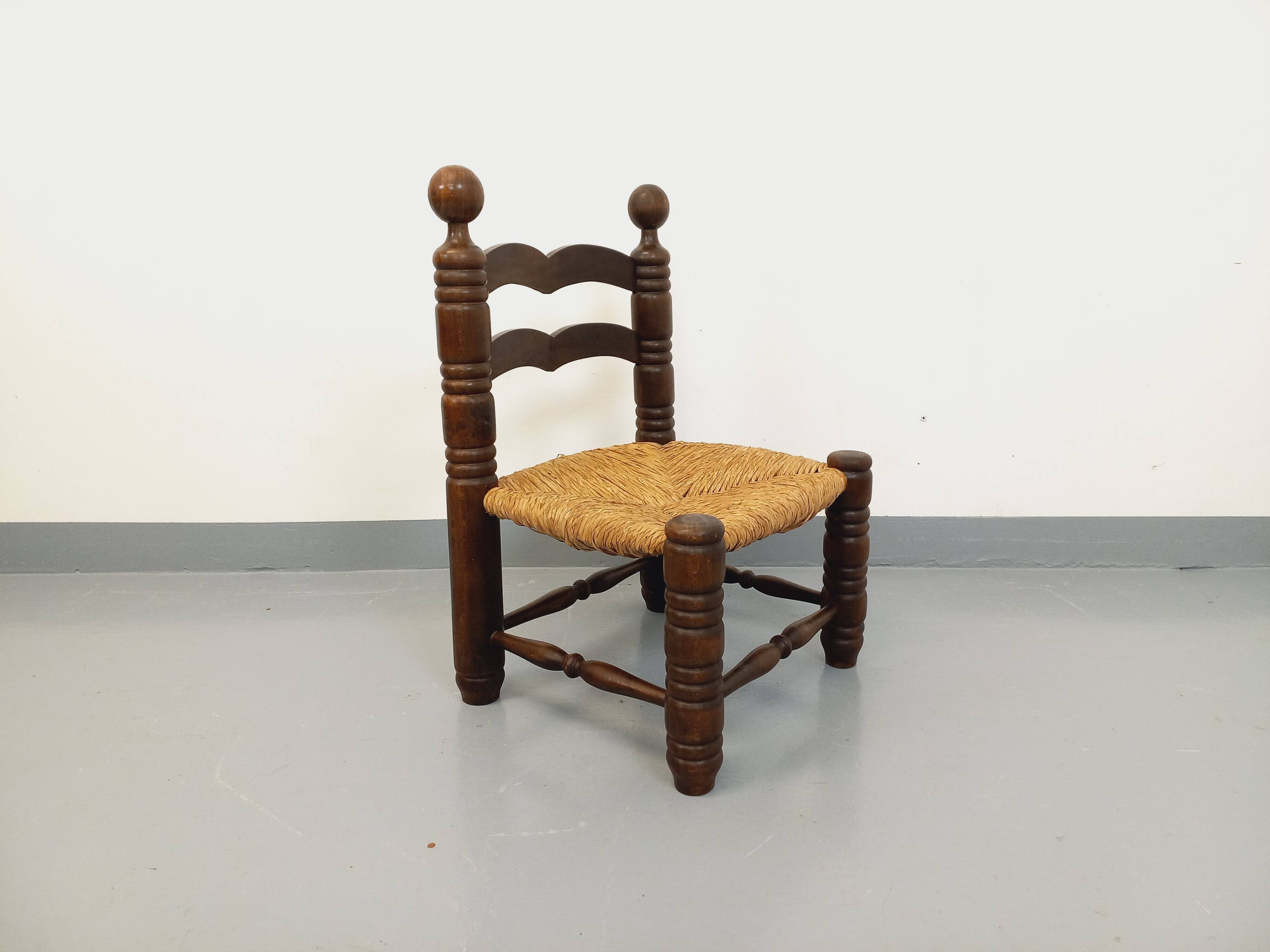 Vintage Charles Dudouyt Brutalist Low Chair in Wood and Straw, 1940s