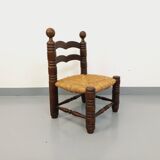 Vintage Charles Dudouyt Brutalist Low Chair in Wood and Straw, 1940s
