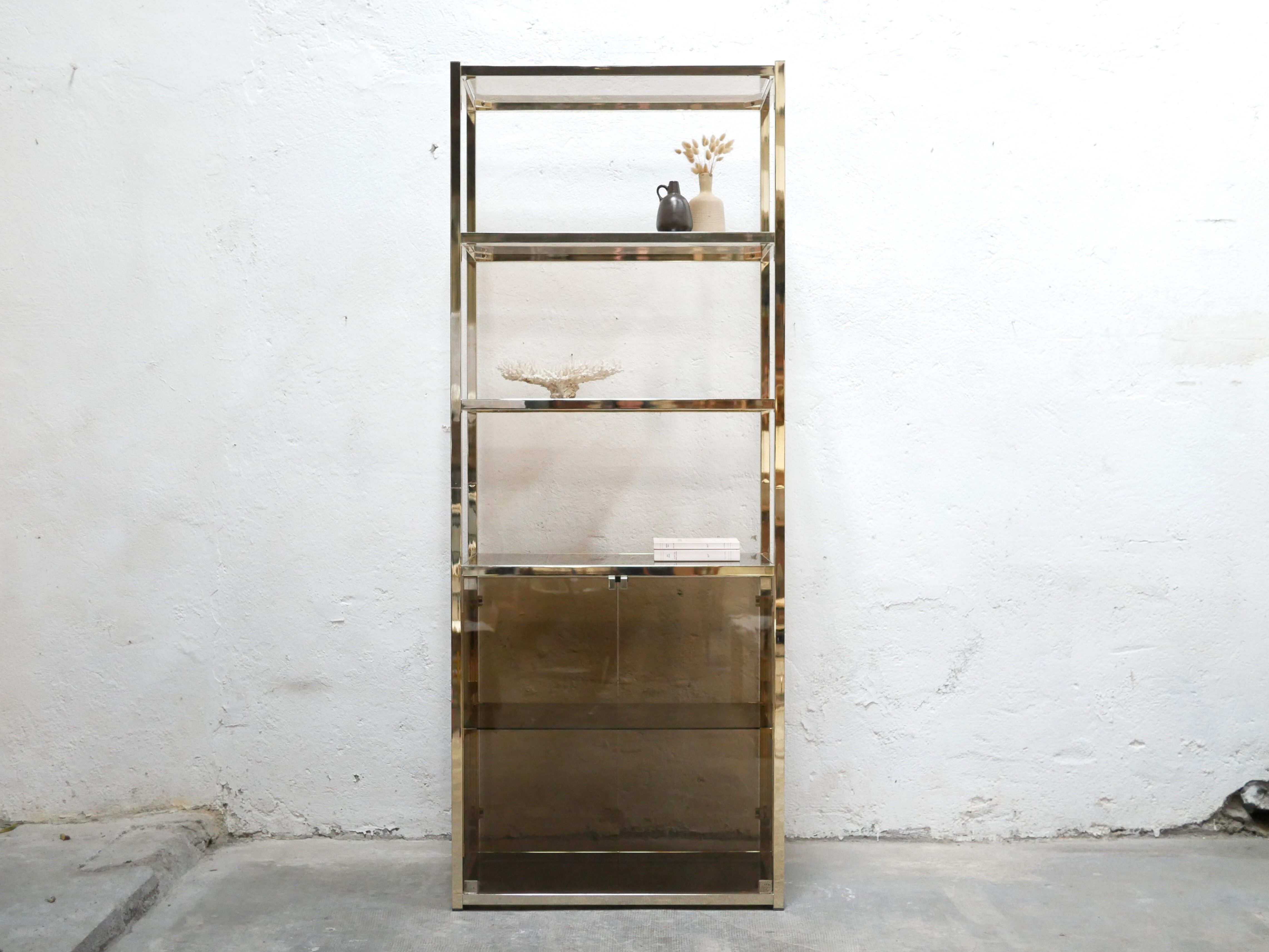 Bookcase vintage shelf in brass and smoked glass