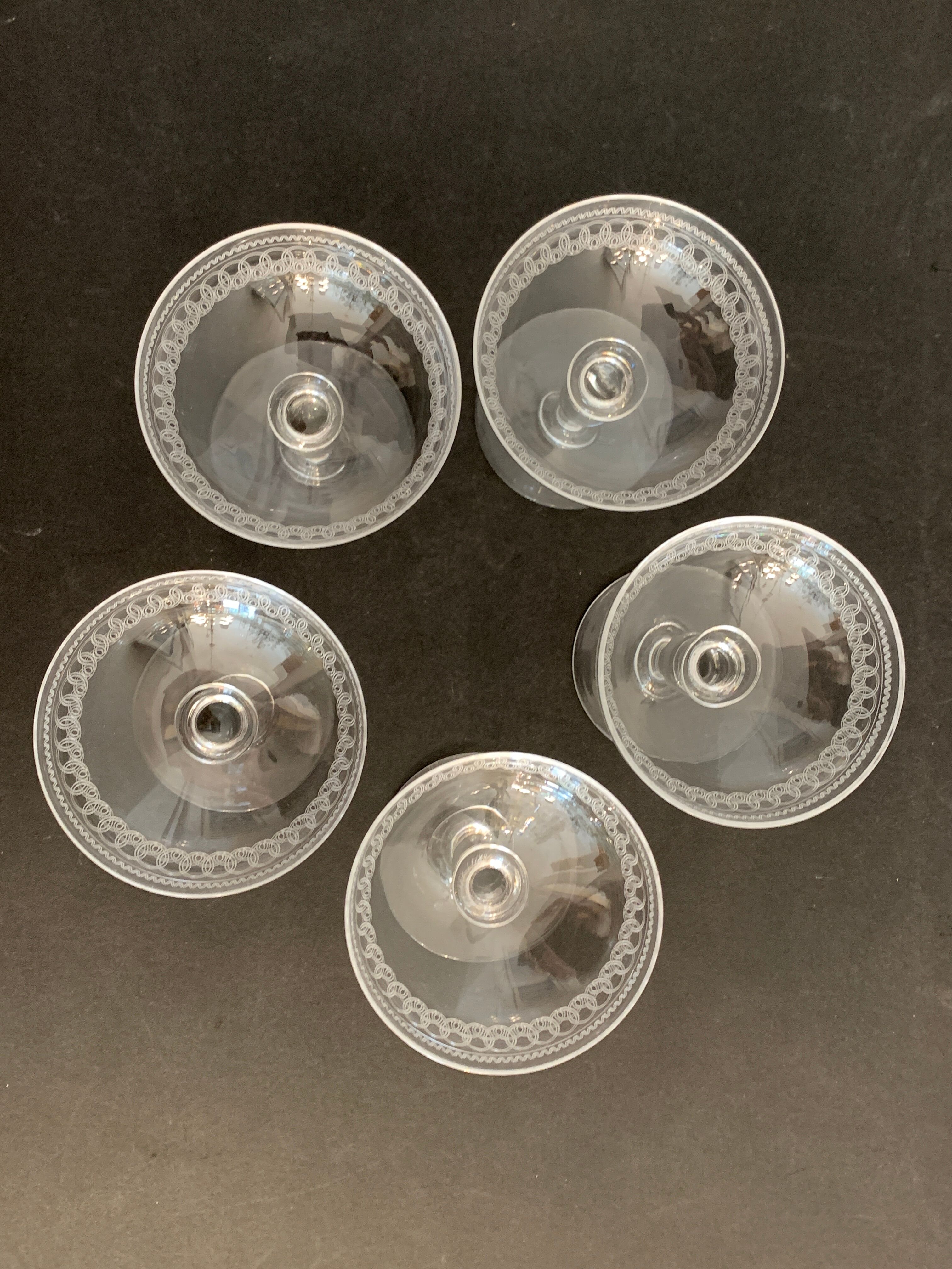 5 antique champagne glasses in engraved crystal