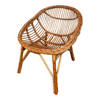 Children's shell armchair in rattan and wicker from the 80s